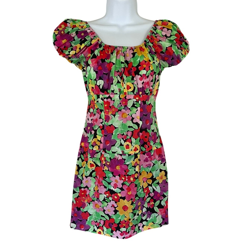 Caroline Constas Calla Mini Dress Black Multi Floral Puff Sleeve ‎ XS New